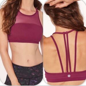 Lululemon Get Set bra in a burgundy/deep luxe color with mesh paneling